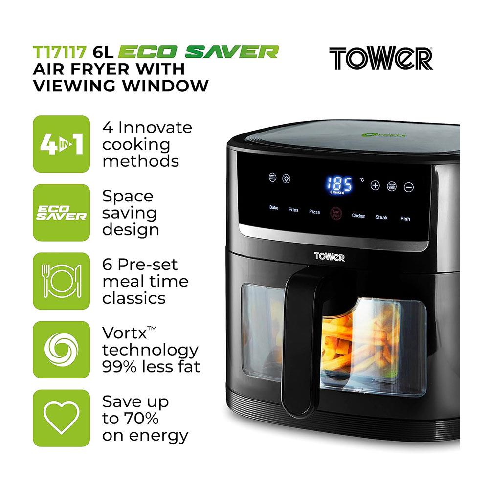 Tower Eco Saver Air Fryer 6 Litre with Vizion Viewing Window Black Secondary image