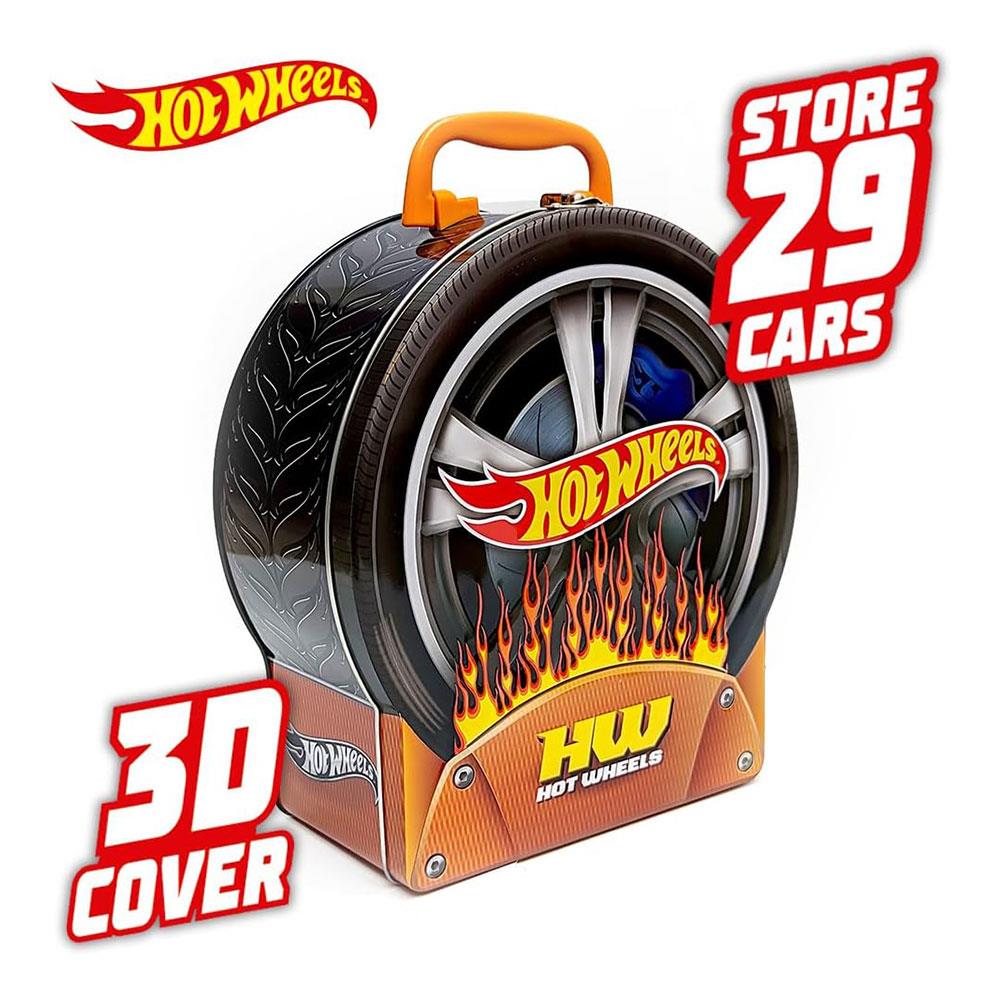 Hot Wheels Wheel Shaped Storage Car Case Metal Carry Case Holds Up to 29 Cars Multicolour