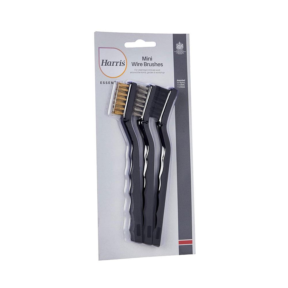 Harris Essentials Mini Wire Brush 3 Pack 1 x Nylon 1 x Steel 1 x Brass - Black