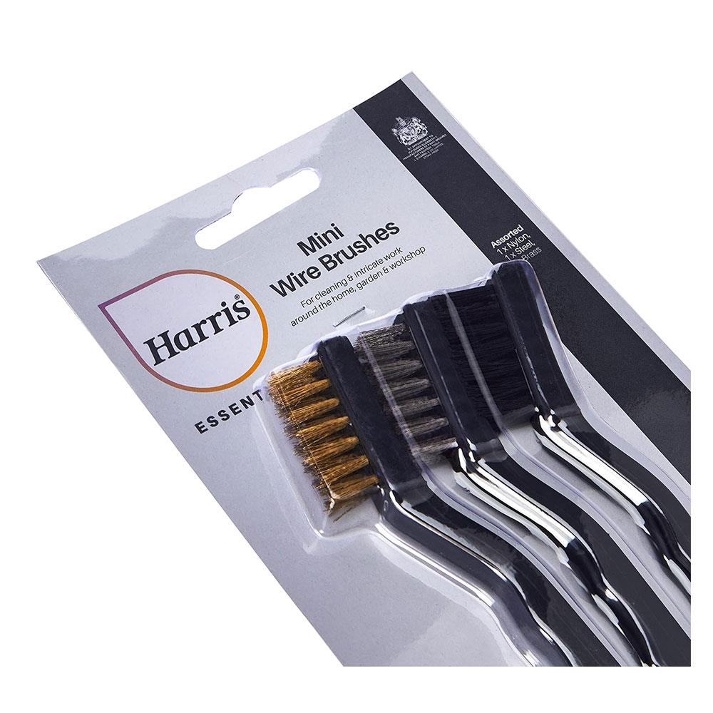 Harris Essentials Mini Wire Brush 3 Pack 1 x Nylon 1 x Steel 1 x Brass - Black