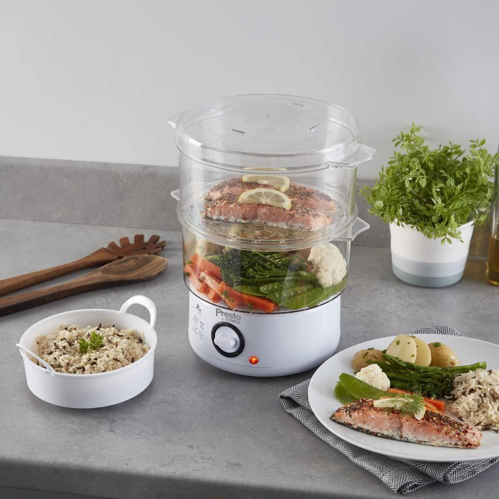 Tower Presto 2 Tier Steam Cooker 400W 2 x 2.4 Litres - White