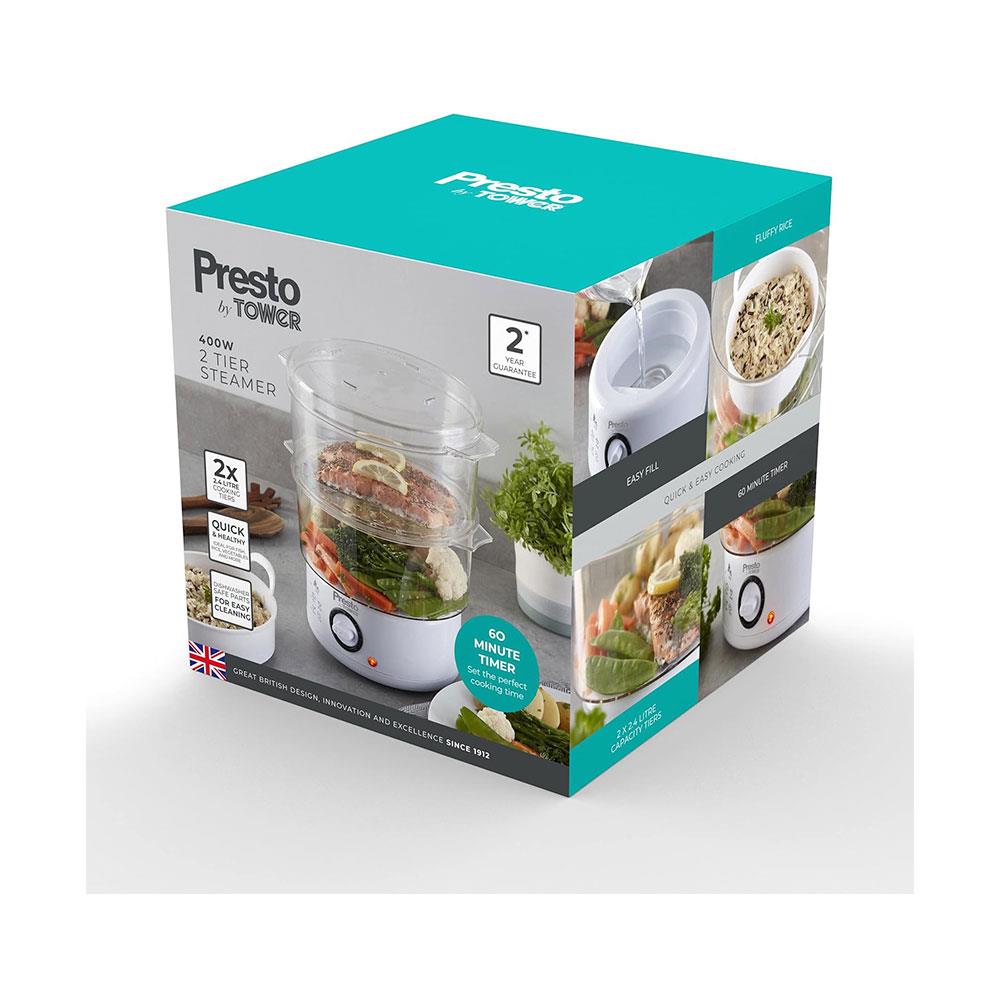 Tower Presto 2 Tier Steam Cooker 400W 2 x 2.4 Litres - White