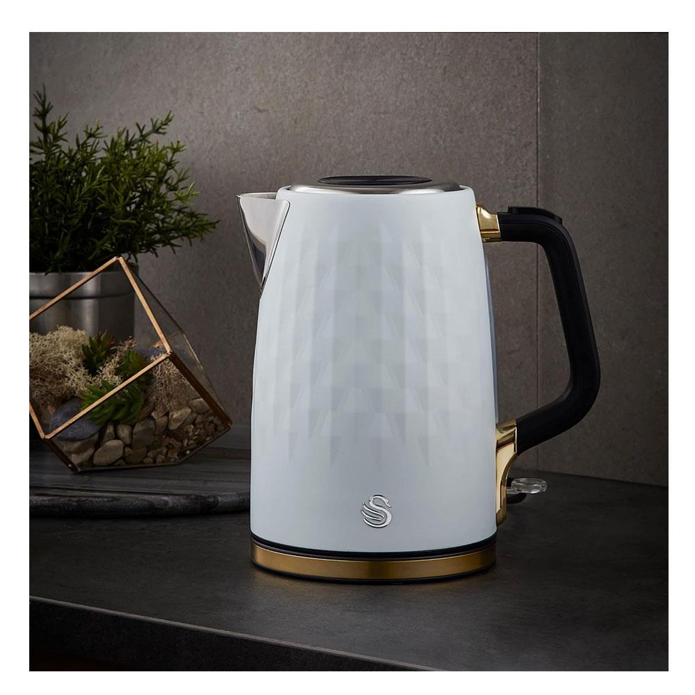 Swan Gatsby Jug Kettle 1.7 Litres Diamond Pattern - Matte White With Gold Accents