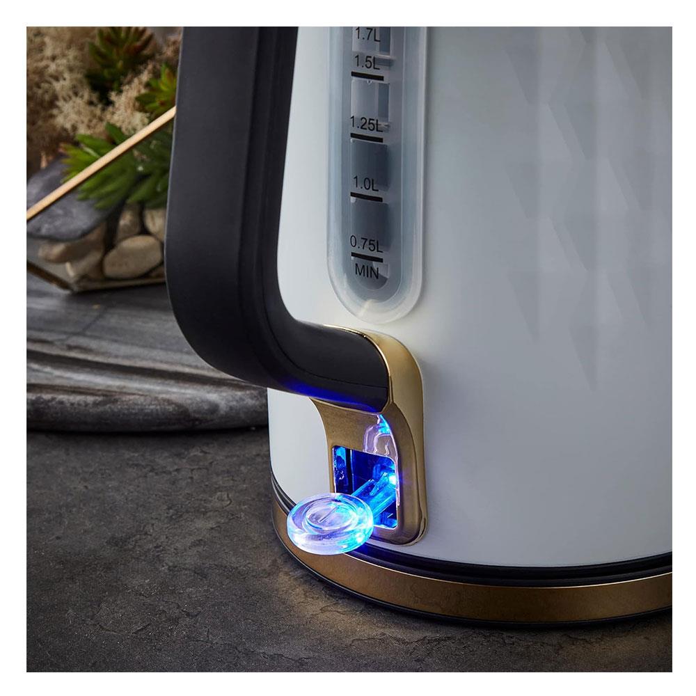 Swan Gatsby Jug Kettle 1.7 Litres Diamond Pattern - Matte White With Gold Accents