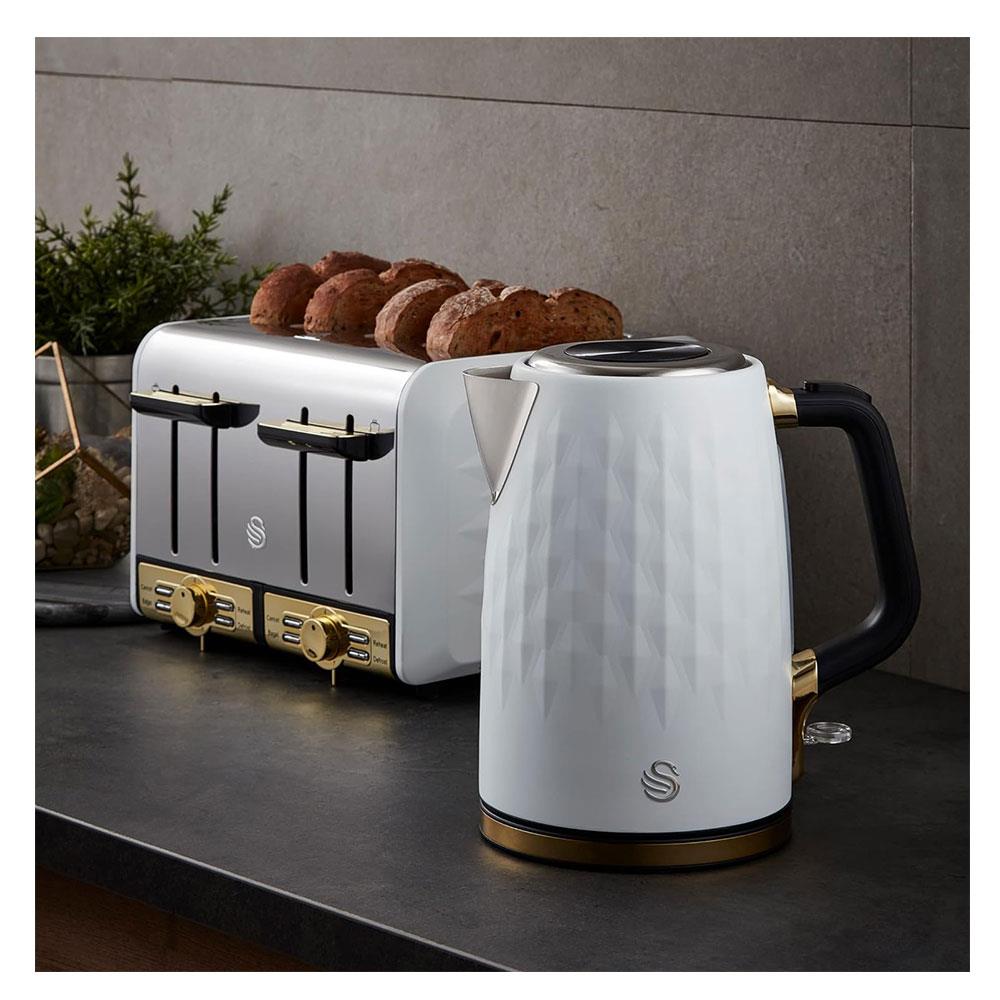 Swan Gatsby Jug Kettle 1.7 Litres Diamond Pattern - Matte White With Gold Accents