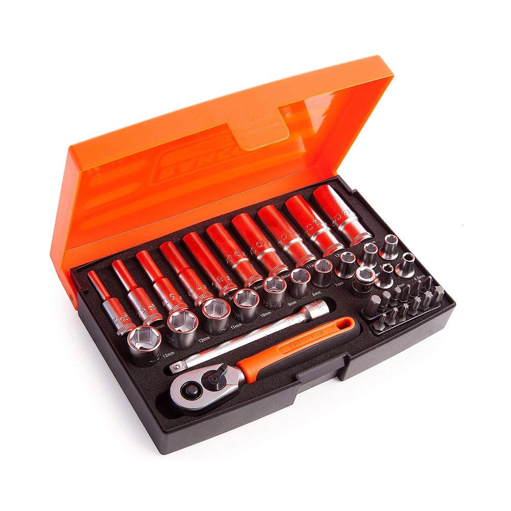 Bahco 1/4 Inch Square Drive Socket And Deep Socket Set With Metric Hex Profile And Screwdriver Bits - 37 Pieces