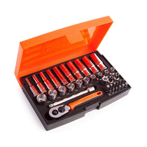 Bahco 1/4 Inch Square Drive Socket And Deep Socket Set With Metric Hex Profile And Screwdriver Bits - 37 Pieces