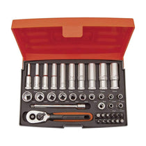 Bahco 1/4 Inch Square Drive Socket And Deep Socket Set With Metric Hex Profile And Screwdriver Bits - 37 Pieces