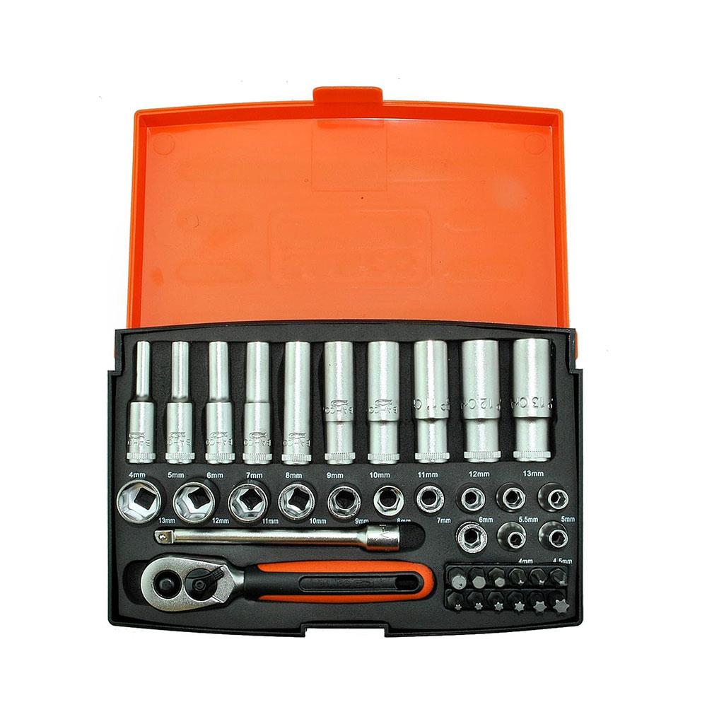 Bahco 1/4 Inch Square Drive Socket And Deep Socket Set With Metric Hex Profile And Screwdriver Bits - 37 Pieces