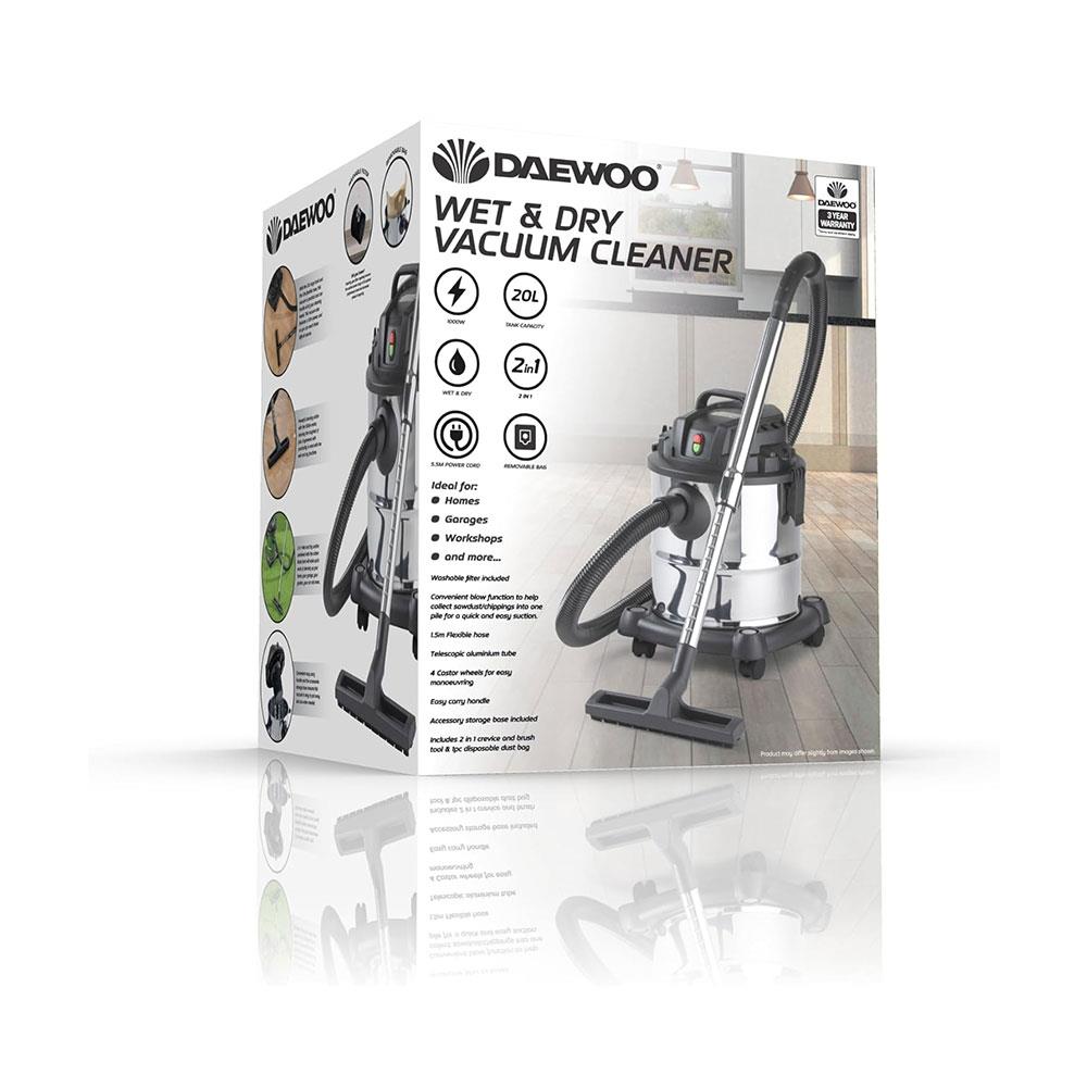 Daewoo Wet & Dry Cylinder Vacuum Cleaner 1000W 20 Litres Dust Tank - Silver