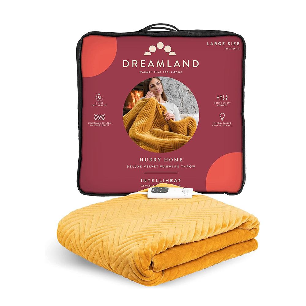 Dreamland Hurry Home Deluxe Velvet Herringbone Quilted Heated Warming Throw Blanket 120 x 160 cm - Mustard Yellow Main image