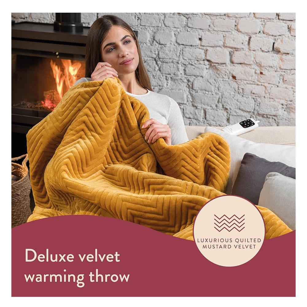 Dreamland Hurry Home Deluxe Velvet Herringbone Quilted Heated Warming Throw Blanket 120 x 160 cm - Mustard Yellow Secondary image