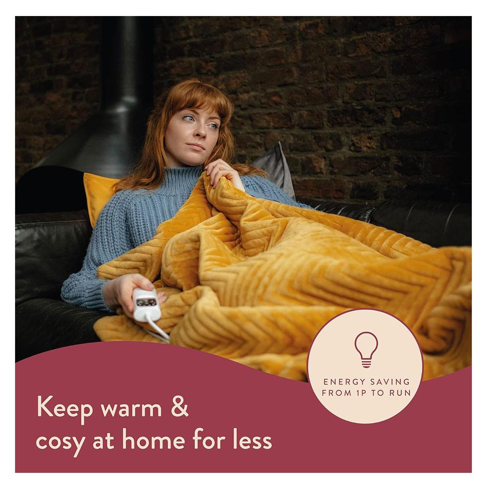 Dreamland Hurry Home Deluxe Velvet Herringbone Quilted Heated Warming Throw Blanket 120 x 160 cm - Mustard Yellow