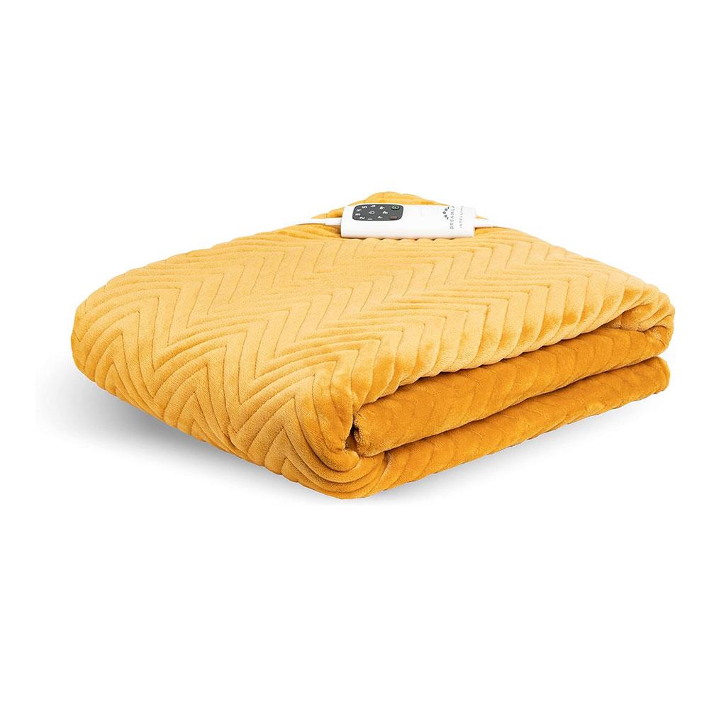 Dreamland Hurry Home Deluxe Velvet Herringbone Quilted Heated Warming Throw Blanket 120 x 160 cm - Mustard Yellow