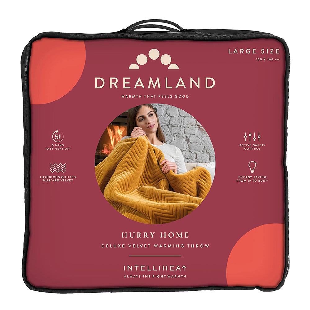 Dreamland Hurry Home Deluxe Velvet Herringbone Quilted Heated Warming Throw Blanket 120 x 160 cm - Mustard Yellow