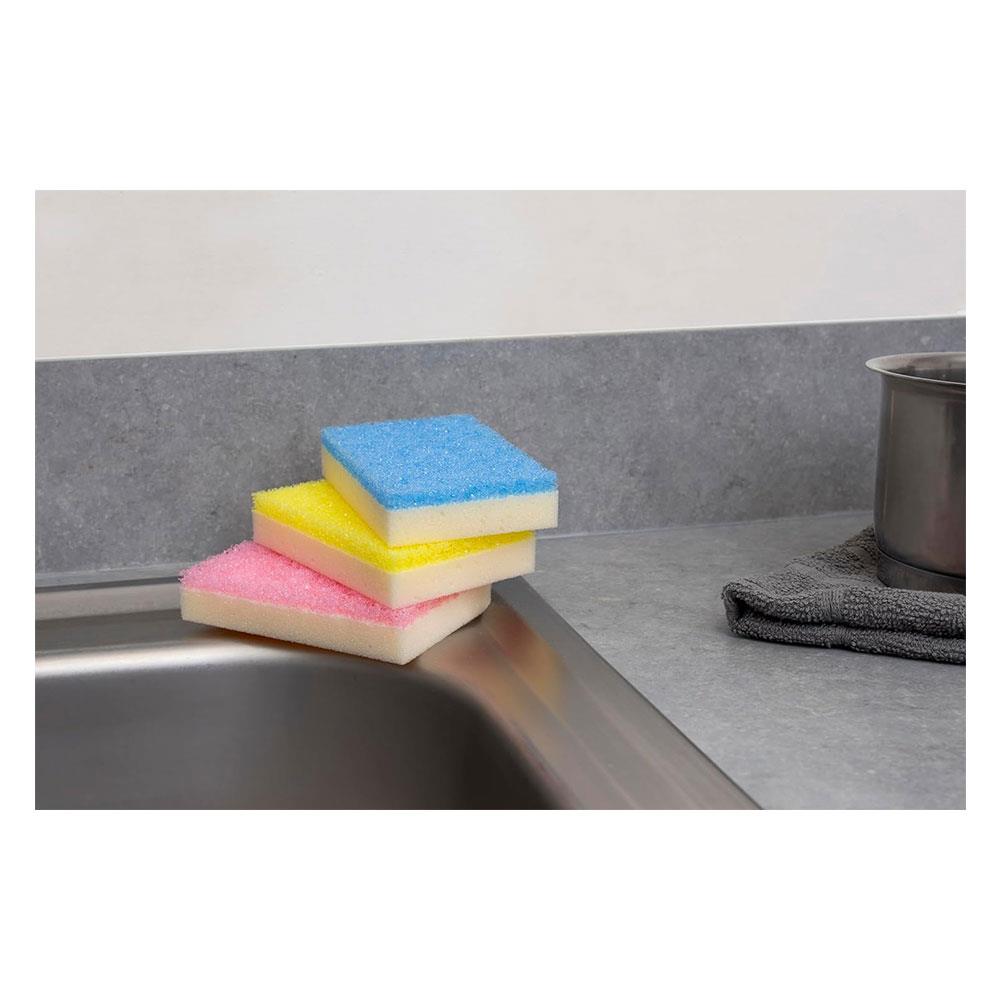 Dishmatic Wonder Scrub Sponge Scourers Non-Scratch Multipurpose Dual Action 3 Pack - Pink/Blue/Yellow