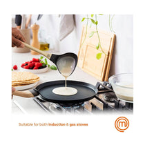 MasterChef Pancake Pan Crepe Maker Tawa 25cm Non Stick With Wood Look Handle - Black