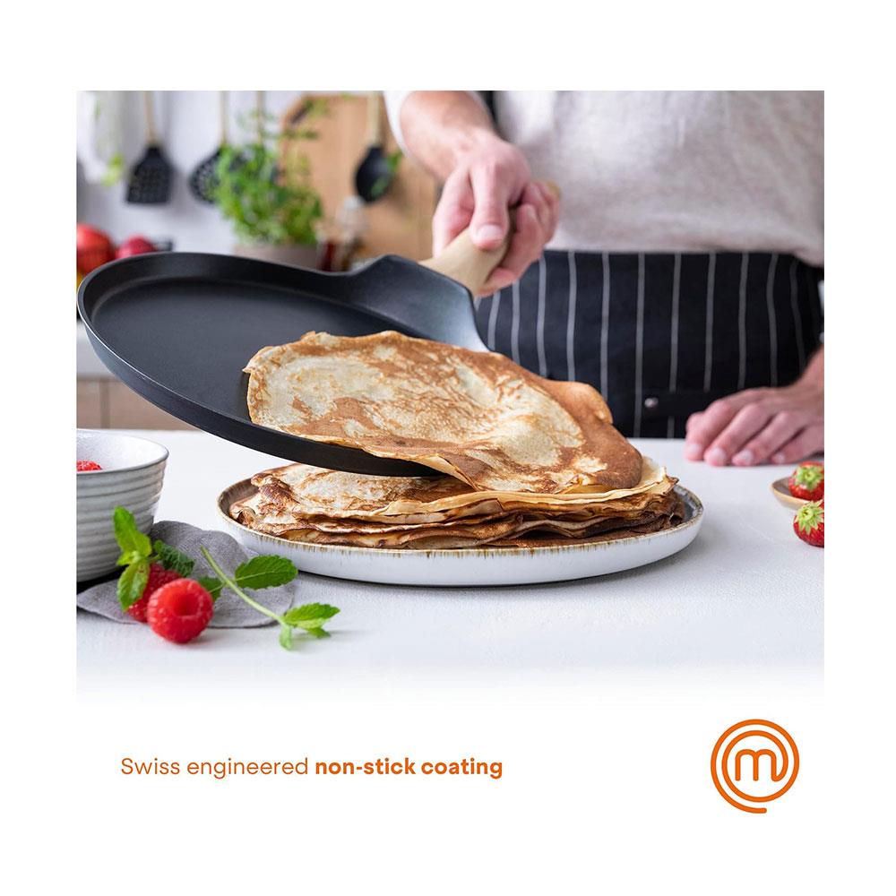 MasterChef Pancake Pan Crepe Maker Tawa 25cm Non Stick With Wood Look Handle - Black