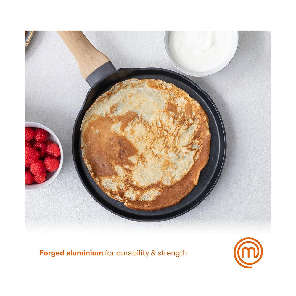 MasterChef Pancake Pan Crepe Maker Tawa 25cm Non Stick With Wood Look Handle - Black