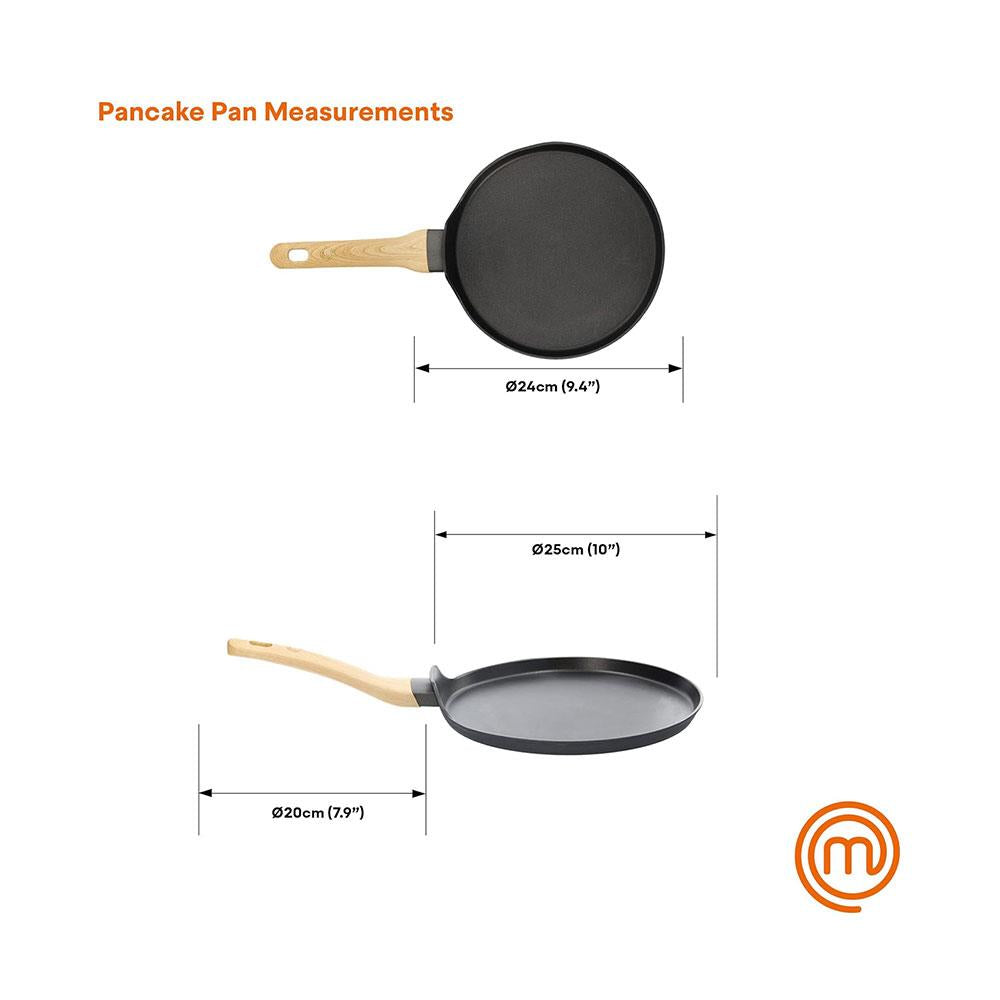 MasterChef Pancake Pan Crepe Maker Tawa 25cm Non Stick With Wood Look Handle - Black