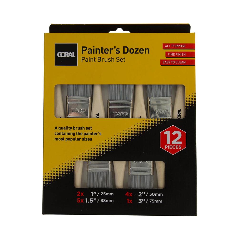 Coral Painters Dozen Paint Brush Set 2 X 1 Inch 5 X 1.5 Inch 4 X 2 Inch & 3 Inch - 12 Piece