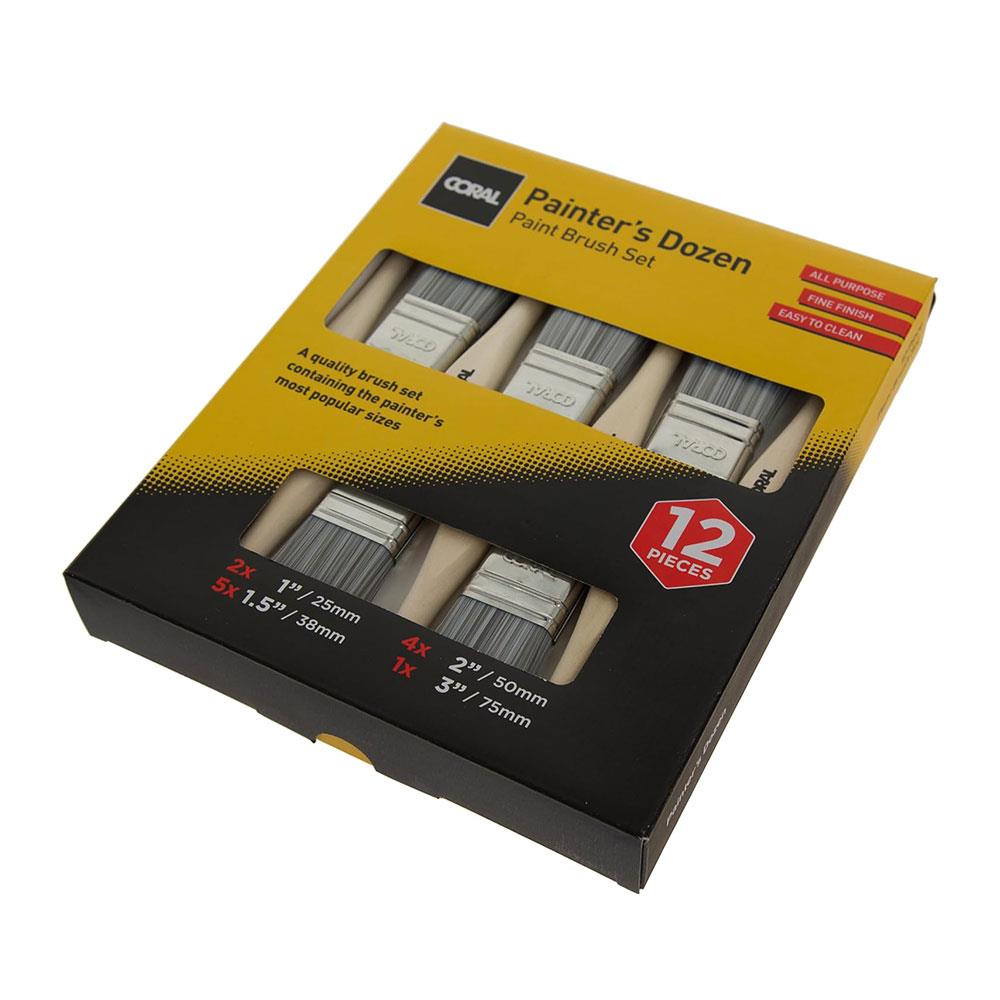 Coral Painters Dozen Paint Brush Set 2 X 1 Inch 5 X 1.5 Inch 4 X 2 Inch & 3 Inch - 12 Piece