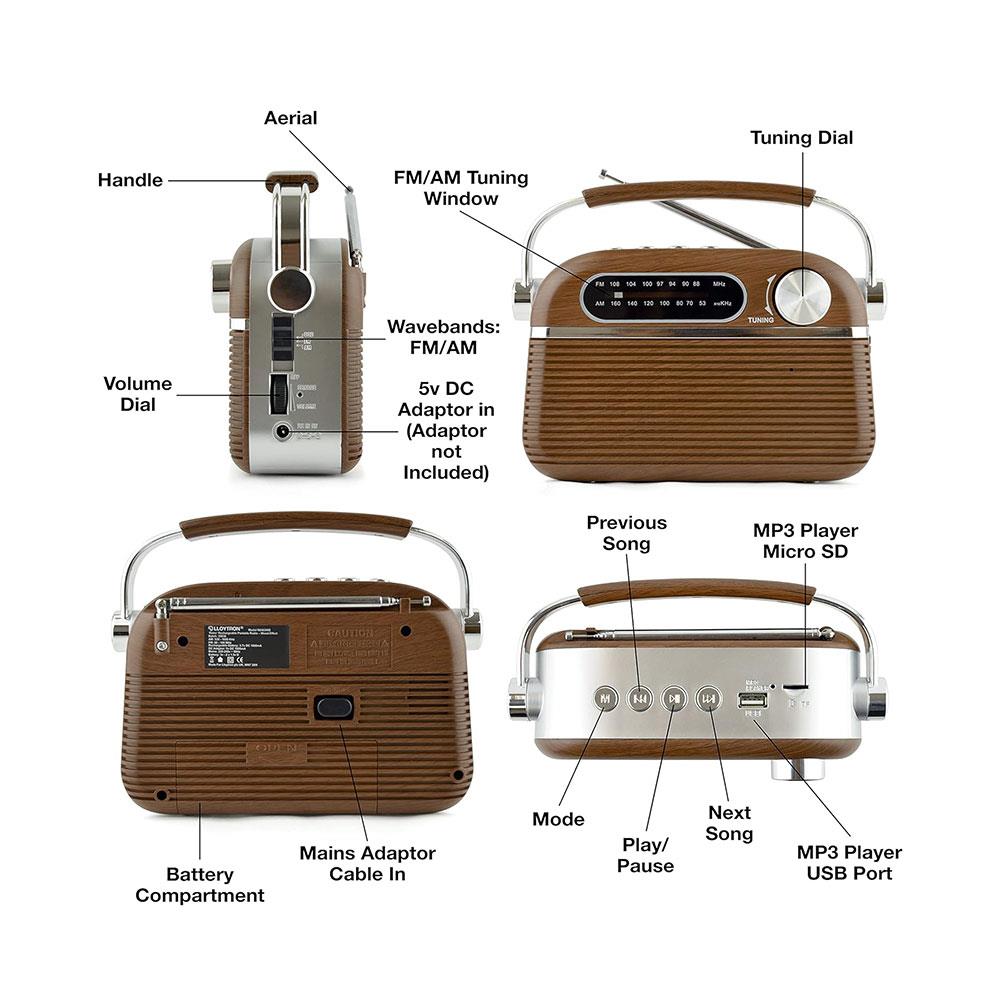 Lloytron Vintage Rechargeable Bluetooth AM/FM Radio - Wood Effect