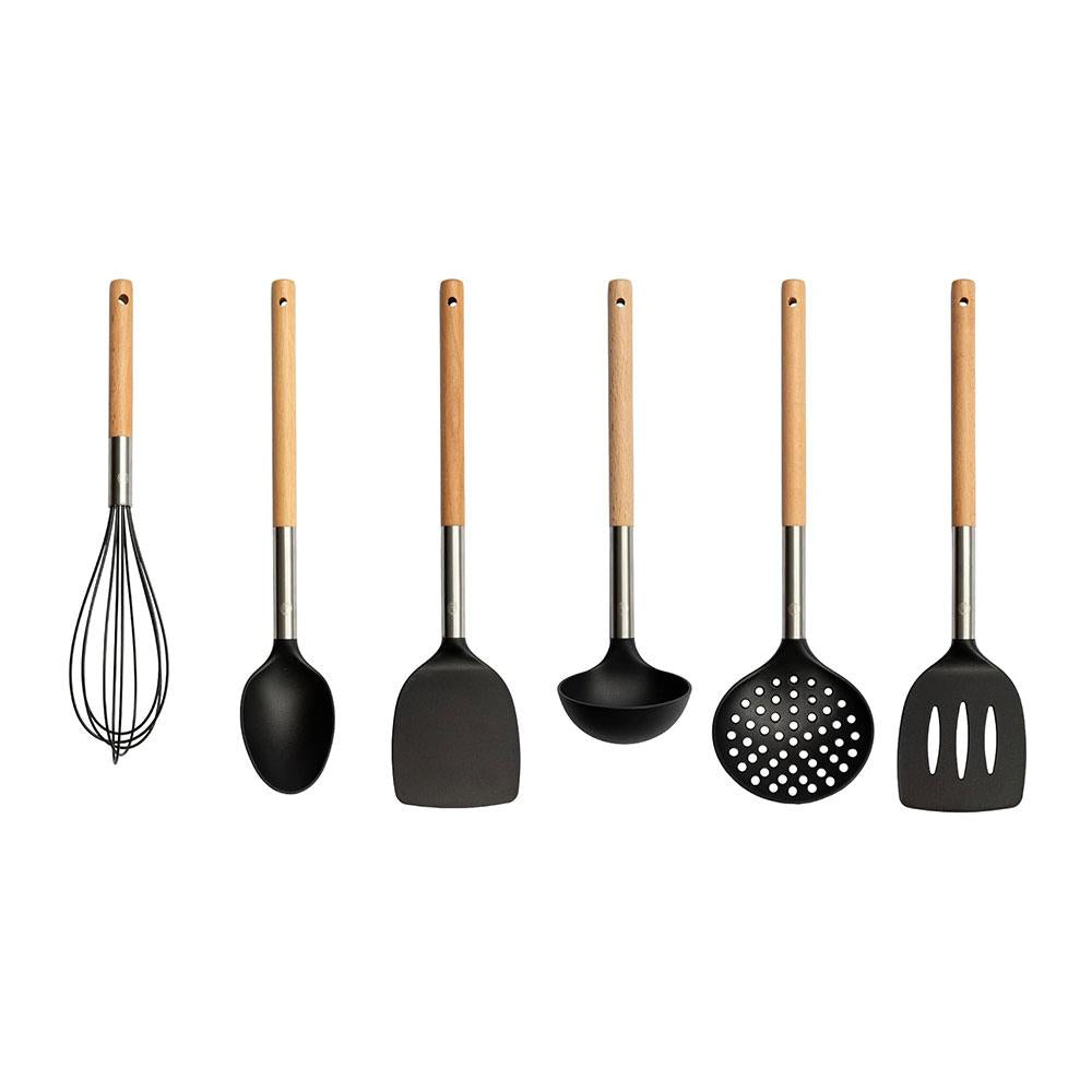 Masterchef Kitchen Utensils Set With Stainless Steel Necks & Natural Wood Handles - 6 Piece
