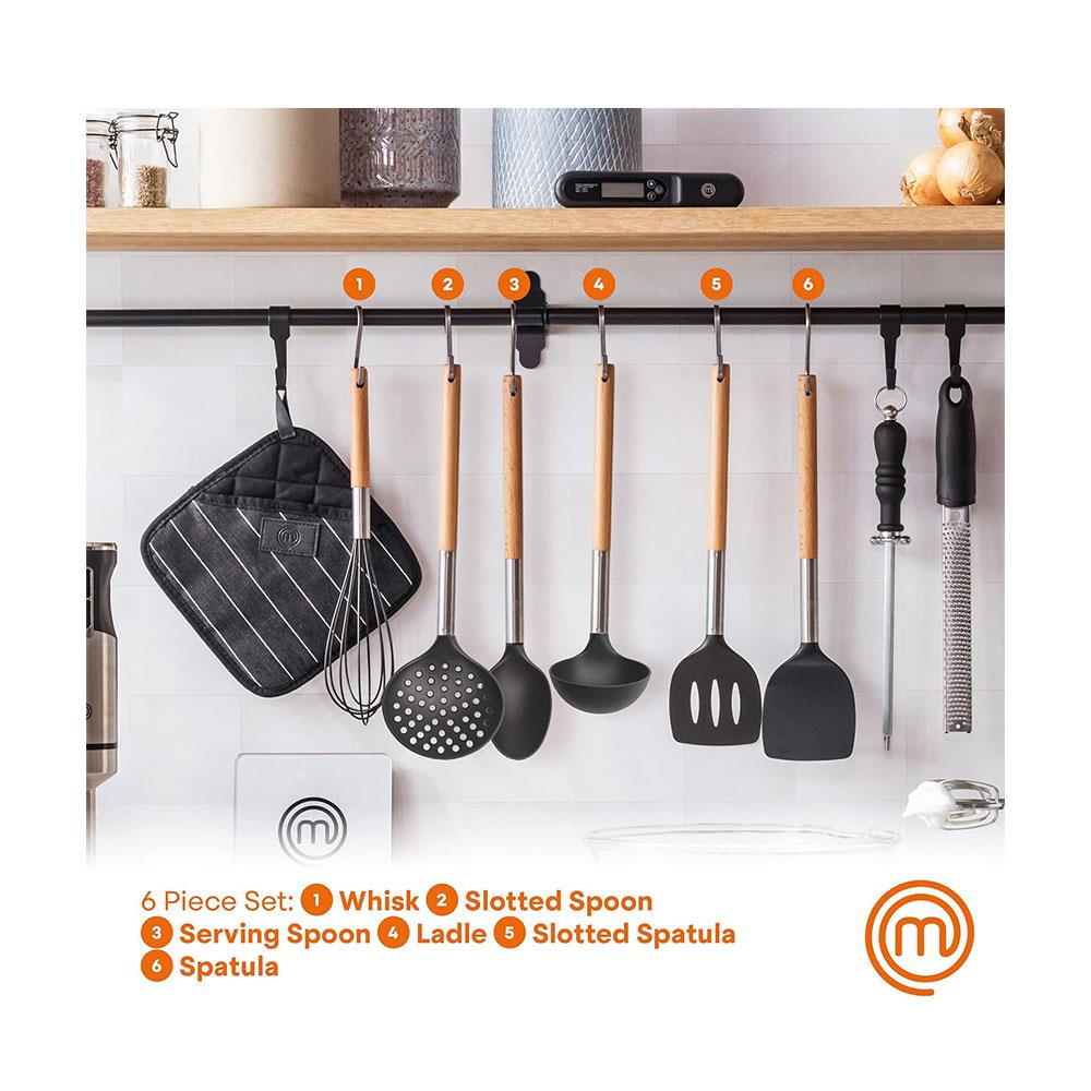 Masterchef Kitchen Utensils Set With Stainless Steel Necks & Natural Wood Handles - 6 Piece