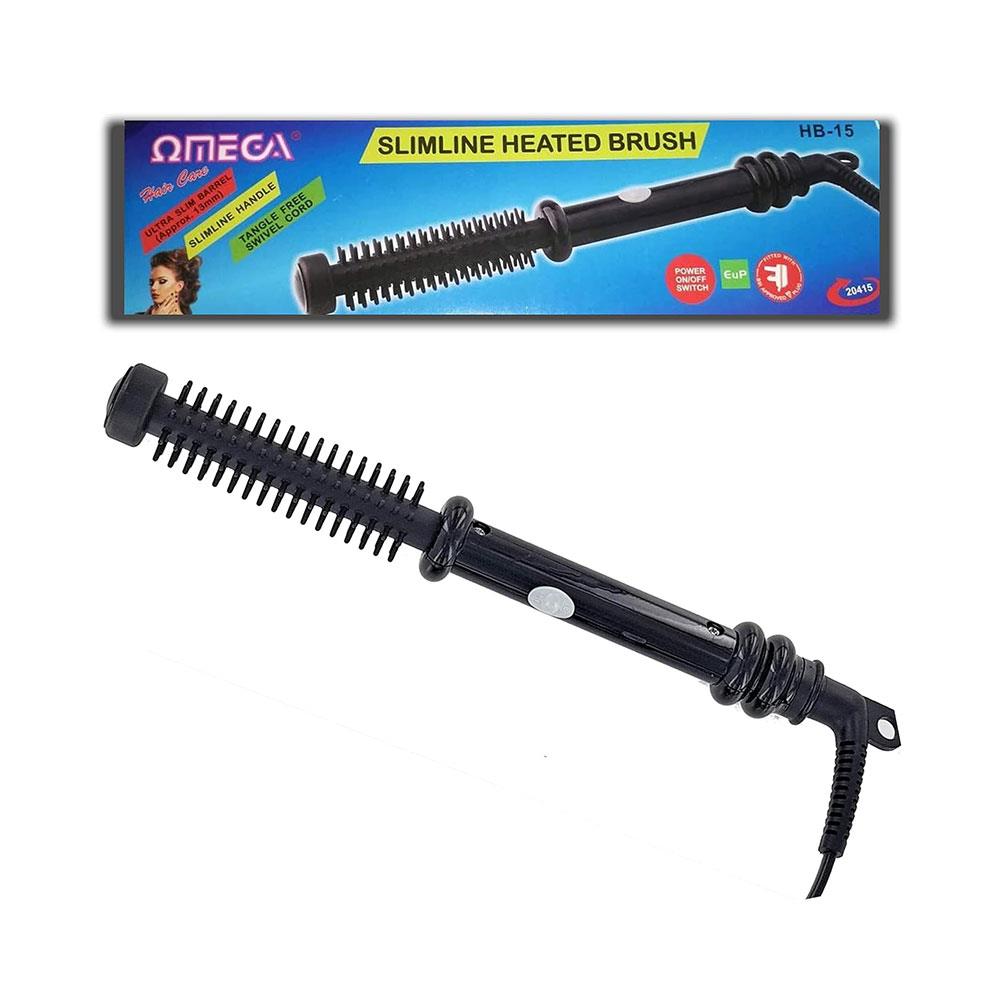 Omega Slimline Heated Brush 13mm Hair Styling Curler Hot Comb Tangle Free Swivel - Black
