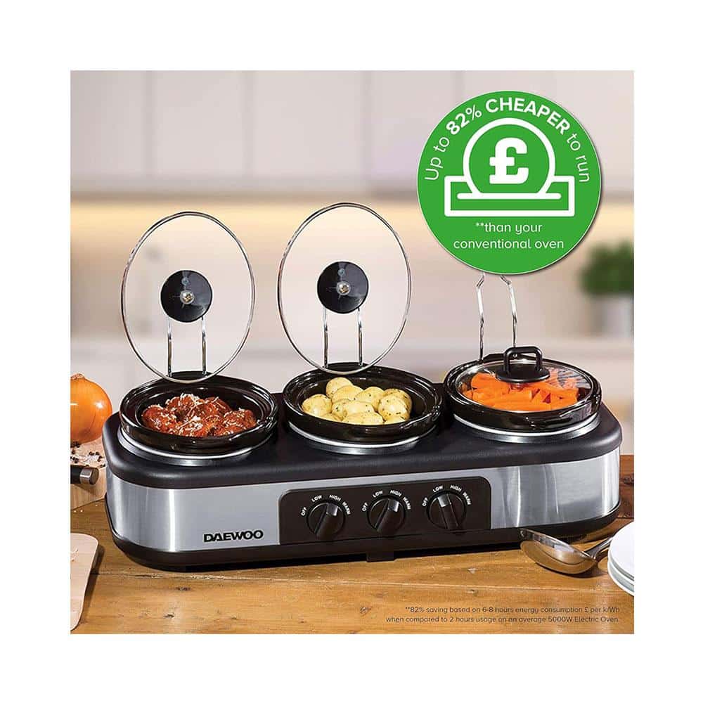 Daewoo Triple Slow Cooker With 3 Individual Heat Settings & Non Stick Ceramic Stainless Steel 3 x 1.5 Litres - Black & Silver Secondary image