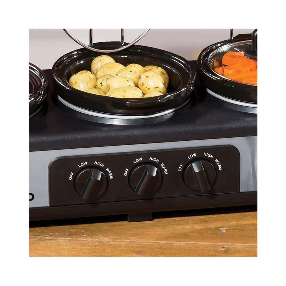 Daewoo Triple Slow Cooker With 3 Individual Heat Settings & Non Stick Ceramic Stainless Steel 3 x 1.5 Litres - Black & Silver