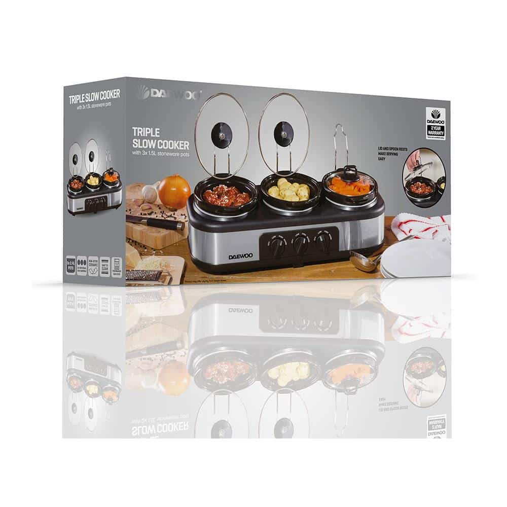 Daewoo Triple Slow Cooker With 3 Individual Heat Settings & Non Stick Ceramic Stainless Steel 3 x 1.5 Litres - Black & Silver