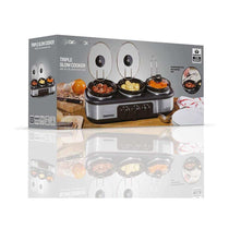 Daewoo Triple Slow Cooker With 3 Individual Heat Settings & Non Stick Ceramic Stainless Steel 3 x 1.5 Litres - Black & Silver