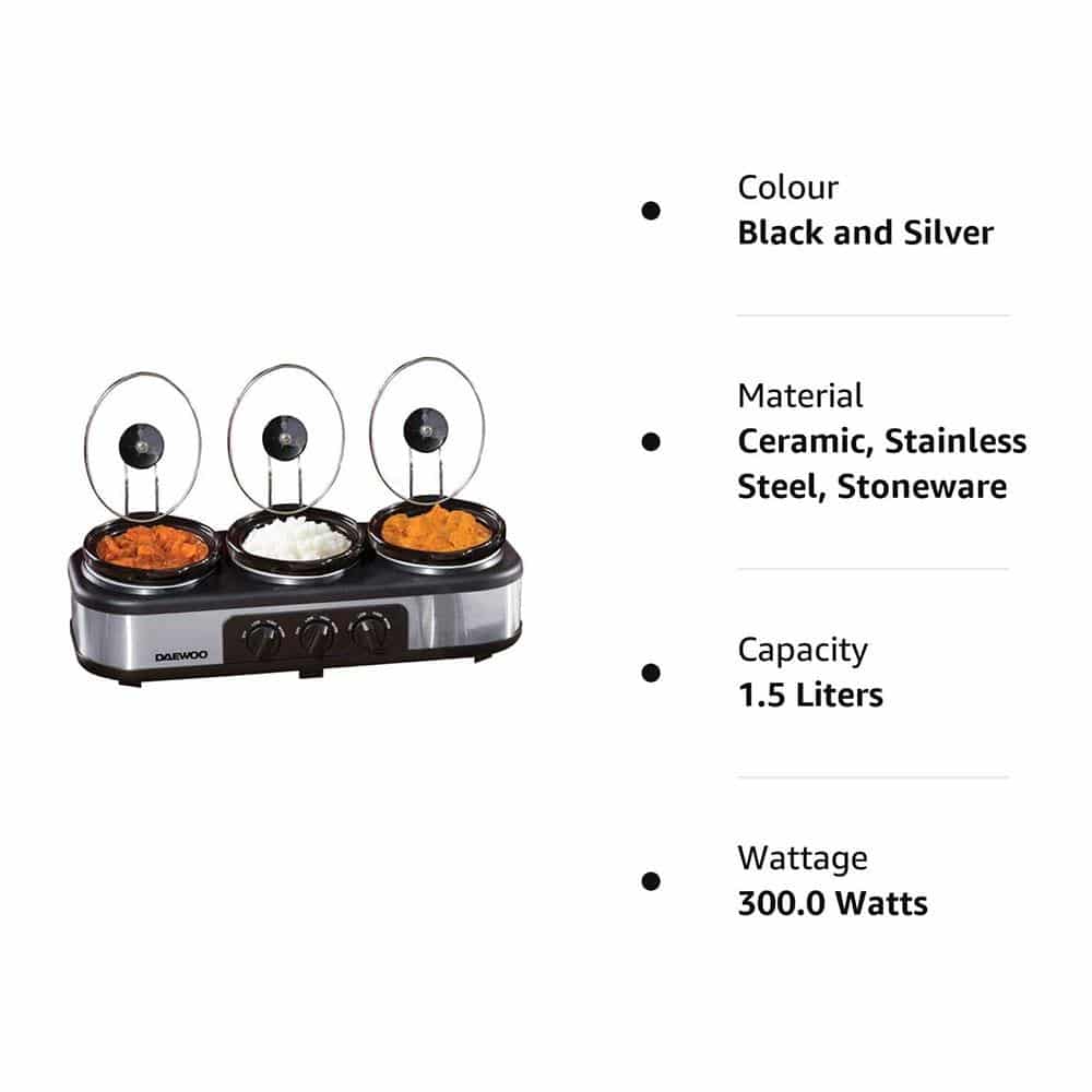 Daewoo Triple Slow Cooker With 3 Individual Heat Settings & Non Stick Ceramic Stainless Steel 3 x 1.5 Litres - Black & Silver