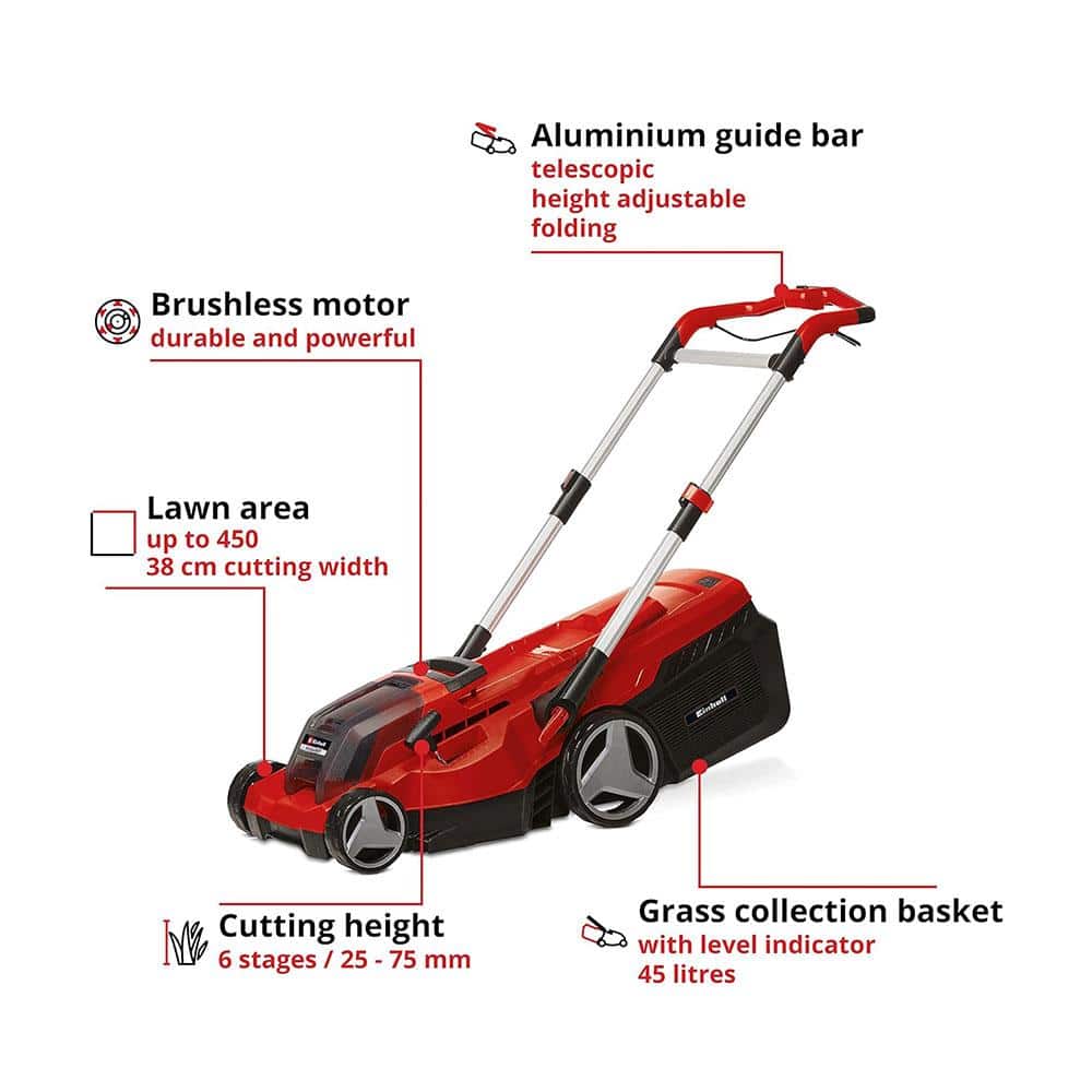 Einhell Power X-Change RASARRO 36/38 Cordless Lawn Mower With 2 x 4 Ah Battery And Twin Charger - Red/Black