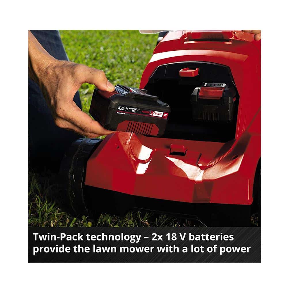 Einhell Power X-Change RASARRO 36/38 Cordless Lawn Mower With 2 x 4 Ah Battery And Twin Charger - Red/Black