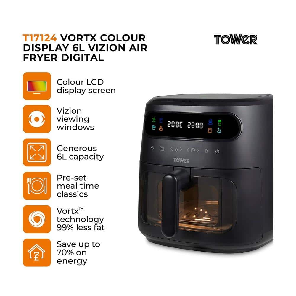 Tower Vortx Vizion Air Fryer With Colour Digital Display 7 One-Touch Cooking Functions 1750W 6 Litre - Black Secondary image