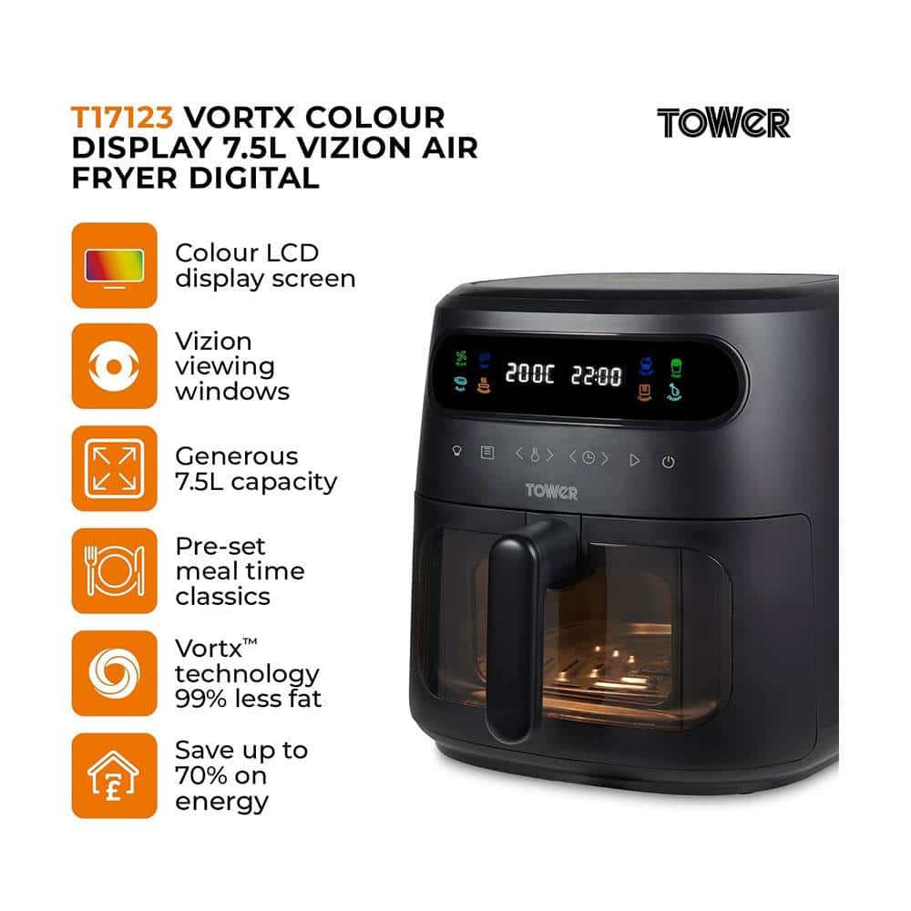 Tower Vortx Vizion Air Fryer With Colour Digital Display 7 One-Touch Cooking Functions 1900W 7.5 Litres - Black Secondary image