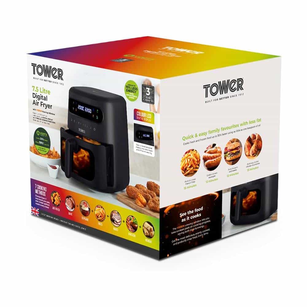 Tower Vortx Vizion Air Fryer With Colour Digital Display 7 One-Touch Cooking Functions 1900W 7.5 Litres - Black