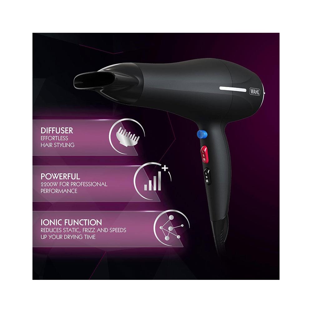 Wahl Ionic Smooth Hair Dryer 2200 W 3 Heat And 2 Speed Settings - Black