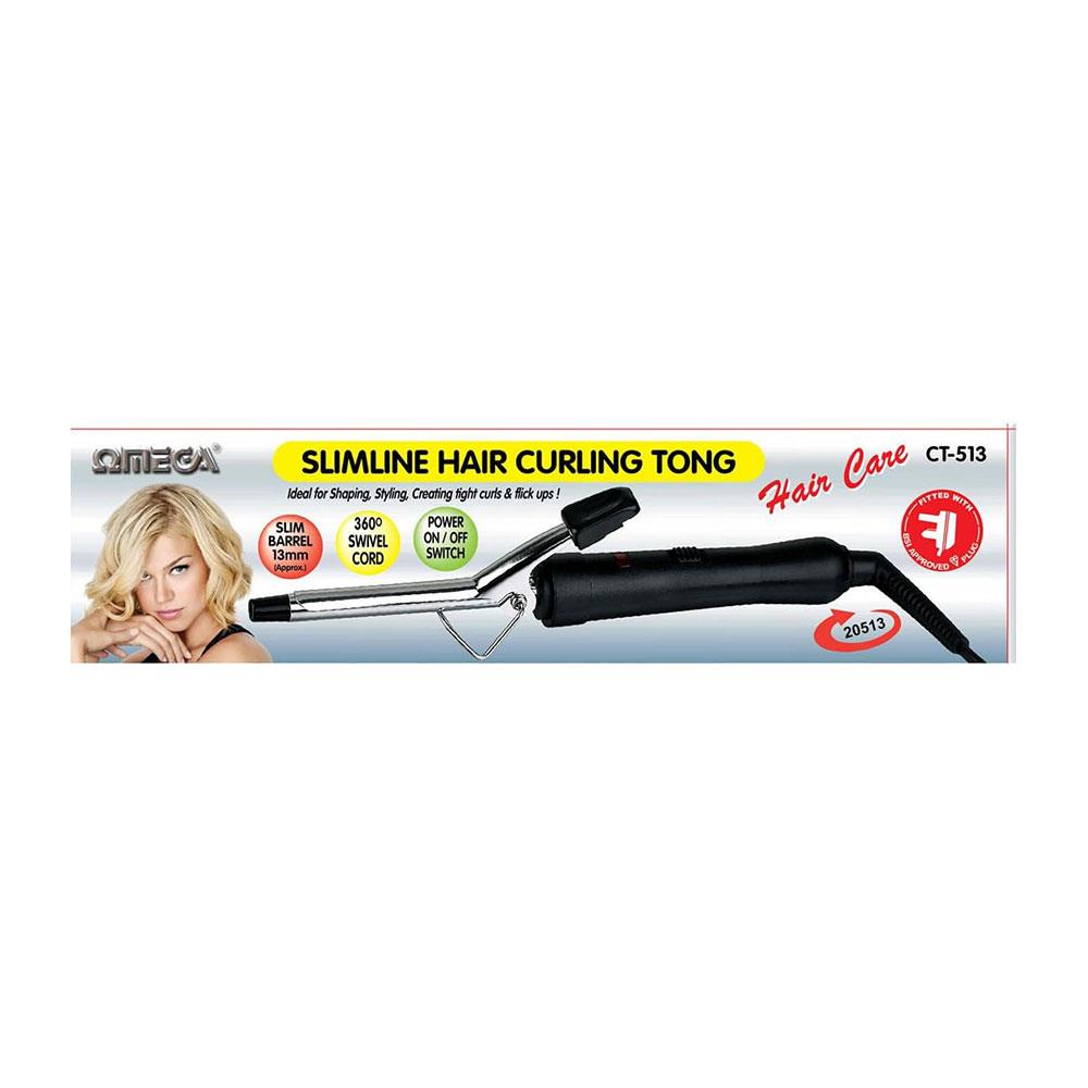 Omega Slimline Hair Curling Tong 13mm Slim Barrel - Black