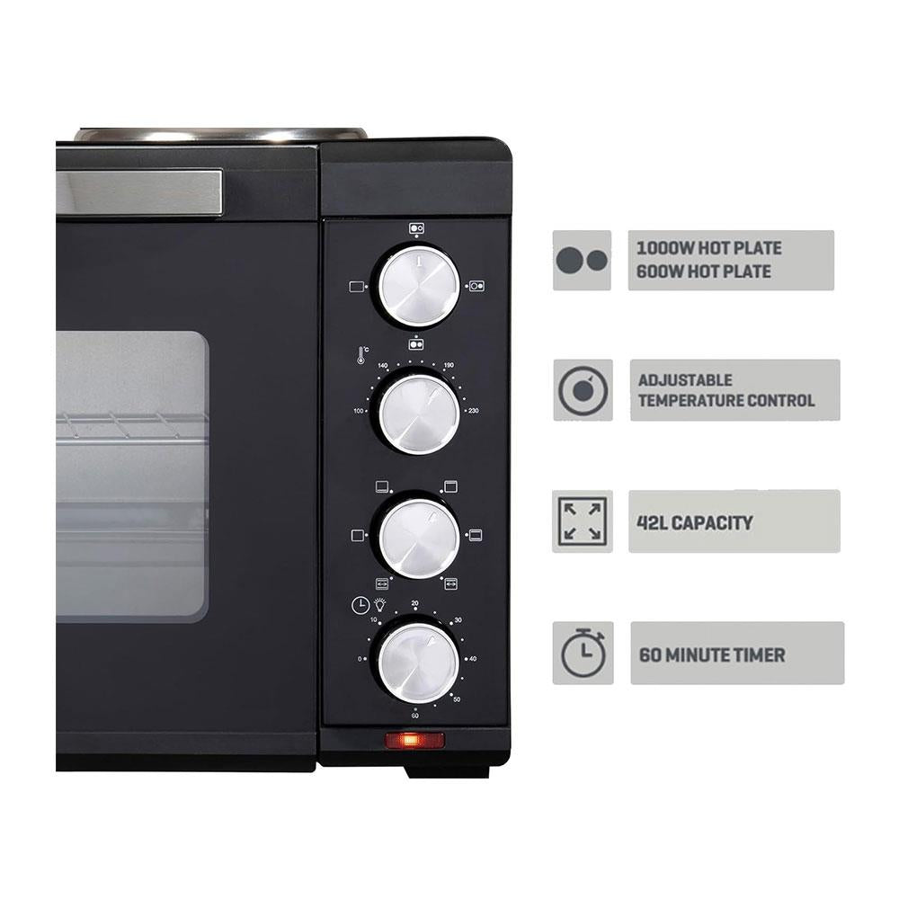 Daewoo Countertop Electric Mini Oven & Grill With Double Hotplates 3100W 42 Litre - Black