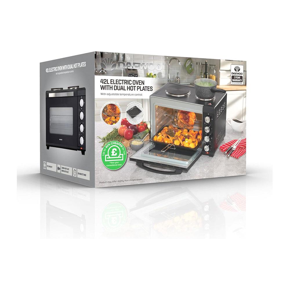 Daewoo Countertop Electric Mini Oven & Grill With Double Hotplates 3100W 42 Litre - Black