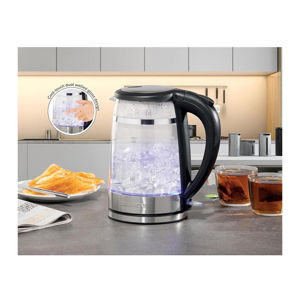 Daewoo Eco Cool Touch Glass Kettle Transparent With Light Up LED 3000W 1.5 Litres - Black