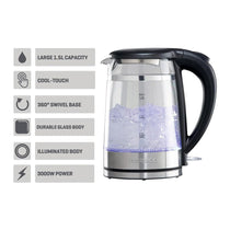 Daewoo Eco Cool Touch Glass Kettle Transparent With Light Up LED 3000W 1.5 Litres - Black