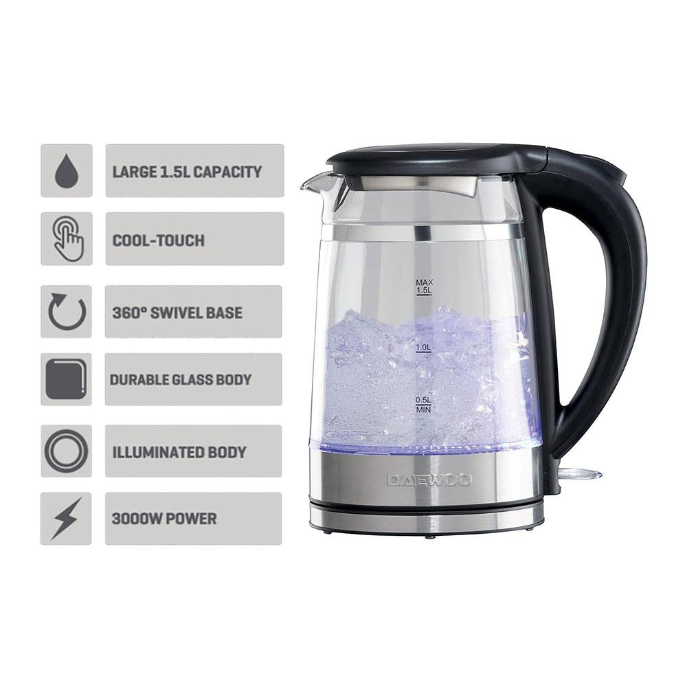 Daewoo Eco Cool Touch Glass Kettle Transparent With Light Up LED 3000W 1.5 Litres - Black