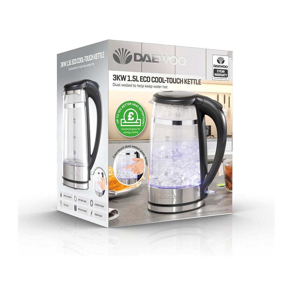 Daewoo Eco Cool Touch Glass Kettle Transparent With Light Up LED 3000W 1.5 Litres - Black
