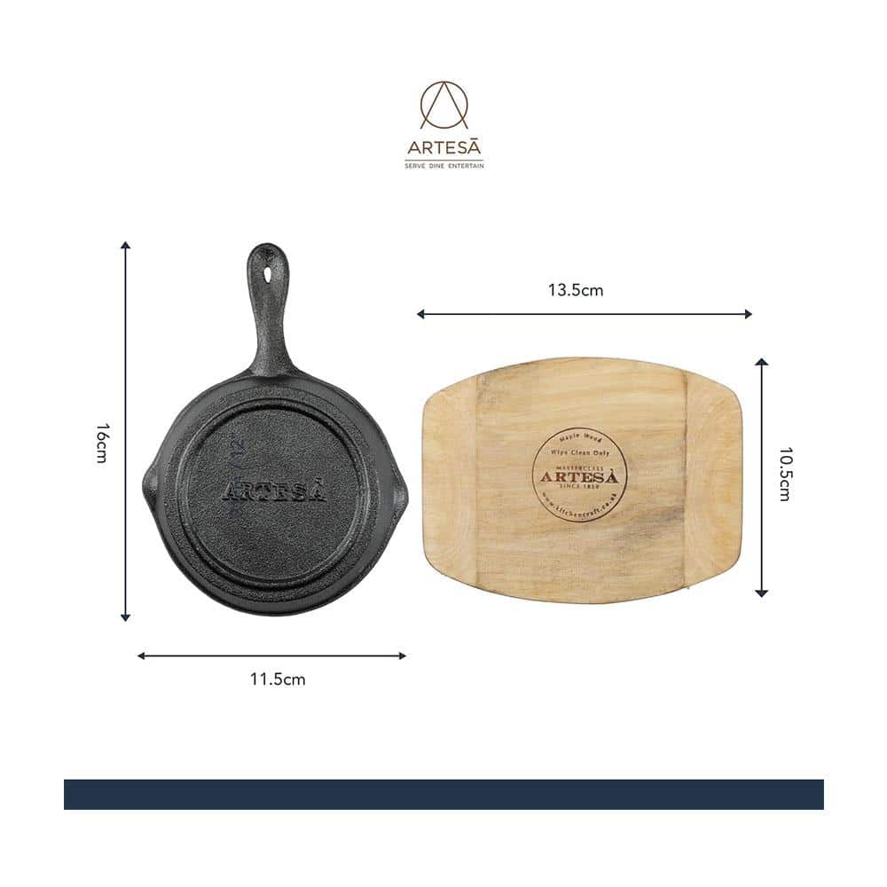 Artesa Mini Cast Iron Skillet Frying Pan With Wooden Serving Board 11cm - Black/Beige