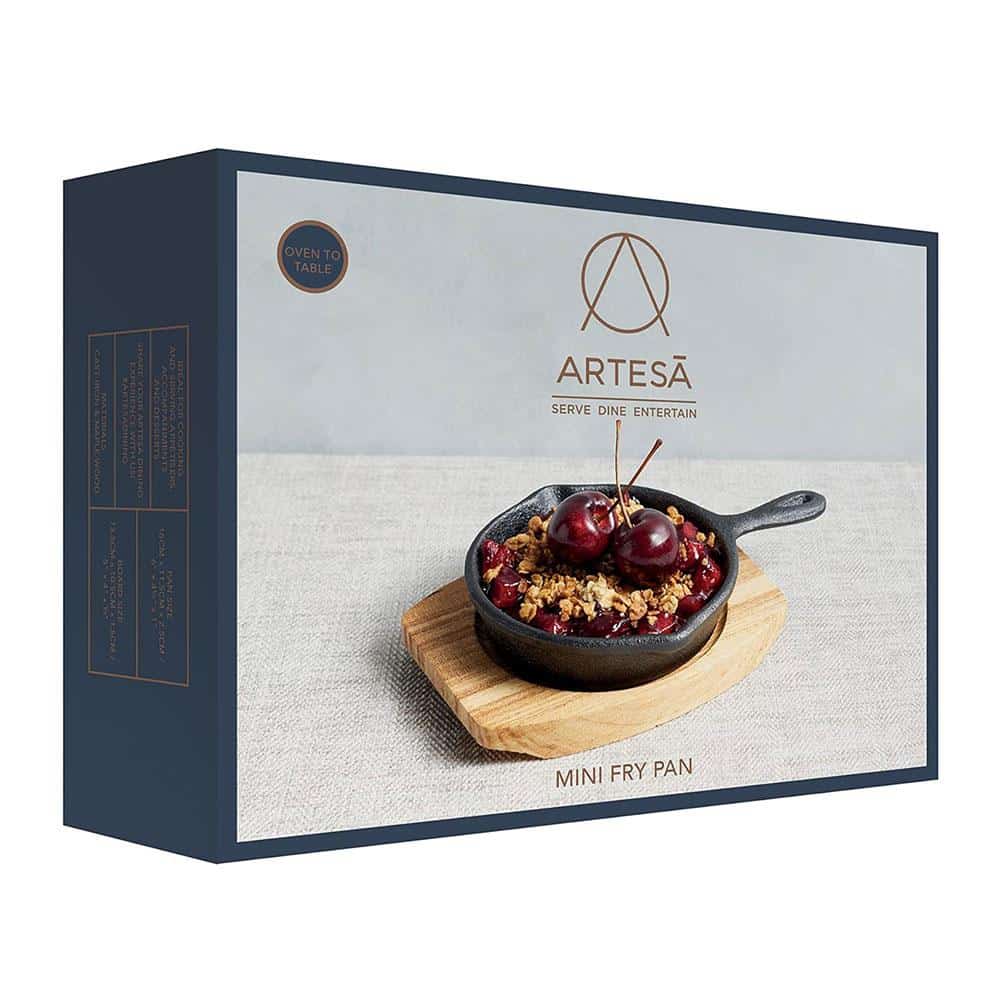 Artesa Mini Cast Iron Skillet Frying Pan With Wooden Serving Board 11cm - Black/Beige